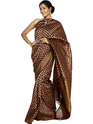 Tawny-Port Banarasi Sari with Hand-woven Paisleys