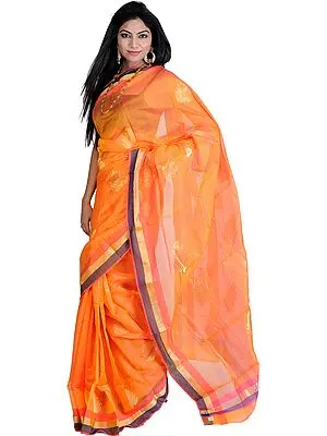 Orange-Pearl Chanderi Saree with Hand Woven Golden Leaves