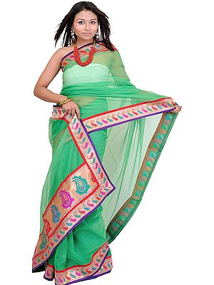 Sari with Fine Woven Checks and Brocaded Paisley Patch Border