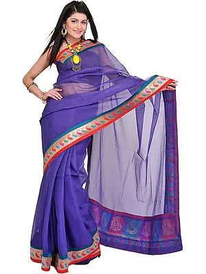 Sari with Fine Woven Checks and Brocaded Paisley Patch Border