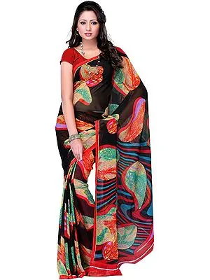 Black Sari from Surat with Arabesque Print