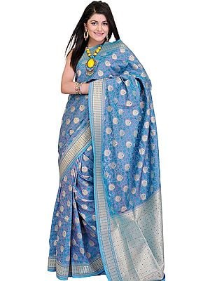 Delphinium-Blue Banarasi Sari with Hand-woven Flowers in Golden Thread