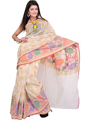 Cloud-Cream Sari with Woven Lotuses and All-Over Golden Leaves