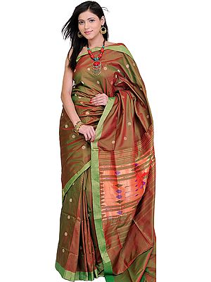 Golden-Green Paithani Sari with Hand Woven Peacocks on Aanchal