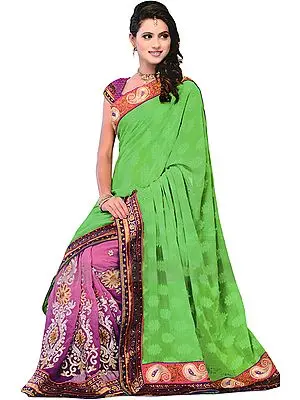 Green-Magenta Wedding Sari with Aari Embroidered Patch Border