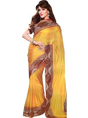 Beeswax-Yellow Designer Sari with Heavy Embroidered Patch Border