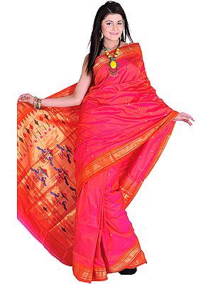 Hot-Pink Paithani Sari with Hand Woven Peacocks on Aanchal