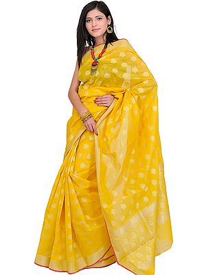 Cyber-Yellow Banarasi Sari with All Over Woven Flowers in Golden Thread