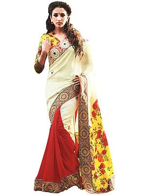 Tri Color Designer Sari with Patch Border and Floral Printed Anchal