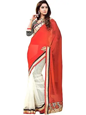 Red-White Wedding Sari with Zardozi Patch Border