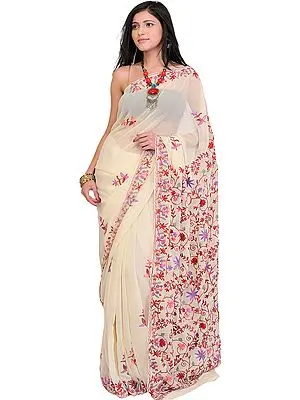 Cream Sari from Kashmir with Aari Embroidered Flowers