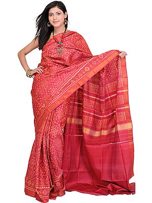 Sangria-Red Patan Patola Sari Hand-woven in Gujarat