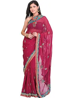 Tibetan-Red Wedding Sari with Zardozi Embroidered Paisleys