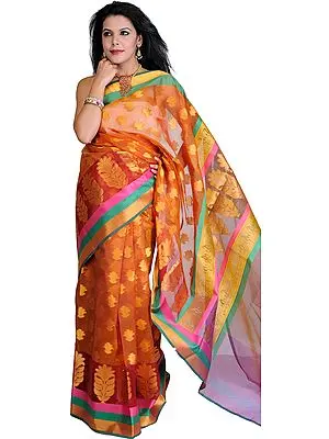 Copper Brown Banarasi Sari with Woven Booties and Tri Color Border