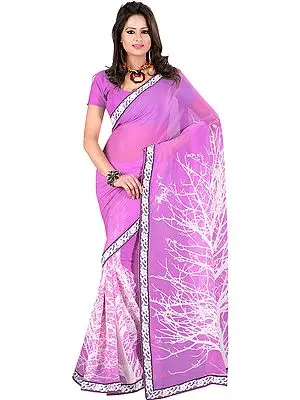 African-Violet Printed Sari with Patch Border