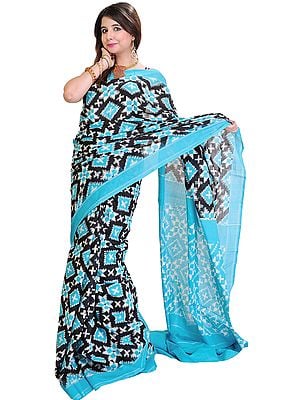 Scuba Blue-Black Sari from Pochampally with Double-Ikat Weave