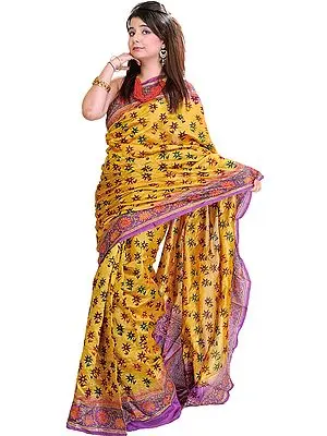 Sunflower Yellow and Violet Sari with Kantha Stitched Embroidery and Sequins