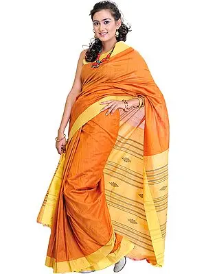 Plain Flame-Orange Handloom Sari from Orissa