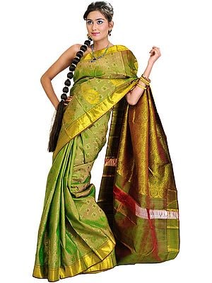 Jellybean-Green Kanjivaram Sari with Brocaded Paisleys and Self Weave