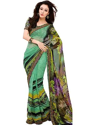 Ming-Green Floral Print Sari from Surat with Patch Border
