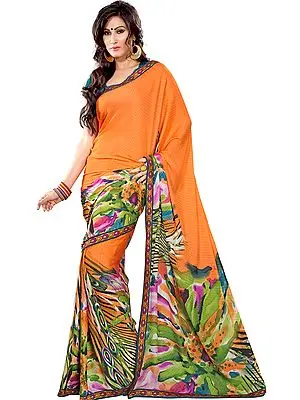 Tangerine-Orange Floral Print Sari from Surat with Patch Border