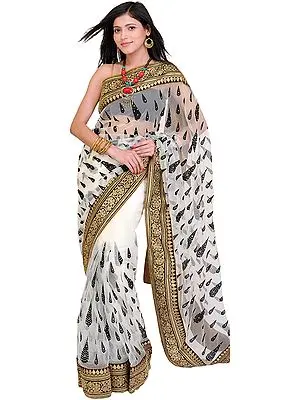 Bright-White Wedding Saree with Thread Embroidered Leaves and Patch Border
