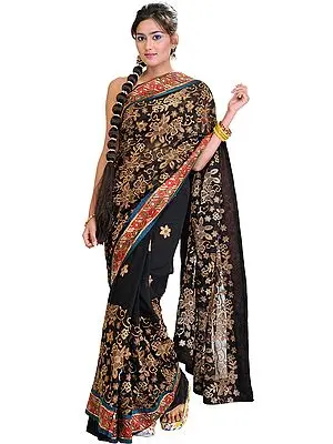 Jet-Black Sari with Crewel Embroidered Flowers and Patch Border