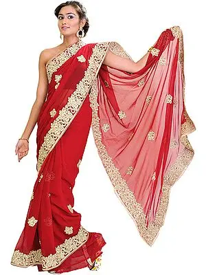 Rio-Red Bridal Sari with Thread Embroidered Flowers and Border