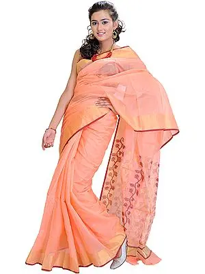 Peach-Pink Chanderi Sari with Hand Woven Flowers on Aanchal
