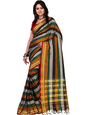 Rainbow Sari with woven Stripes and Temple Border