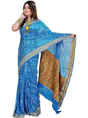 Frost-Blue Tie-Dye Bandhani Sari with Hand-Woven Paisleys on Aanchal