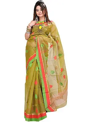 Macaw-Green Chanderi Sari with All-over Woven Leaves