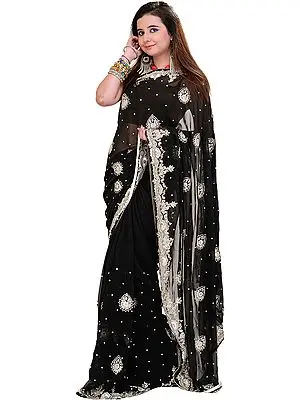 Jet-Black Designer Wedding Sari with Silver Embroidery in Metallic Thread