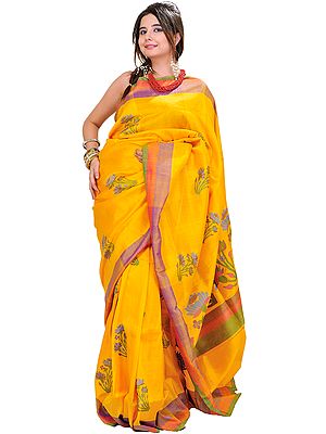 Beeswax-Yellow Banarasi Sari with Hand Woven Lotuses