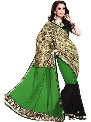 Forest-Green and Black Designer Wedding Sari with Patch Border and Sequins
