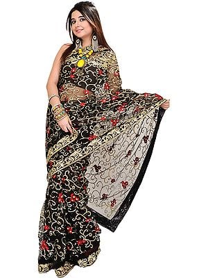 Jet-Black Wedding Saree with Embroidered Sequins and Flowers