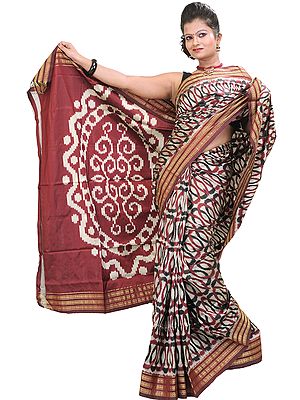 Steel-Gray Ikat Sari Hand-Woven in Pochampally with Giant Chakra on Anchal