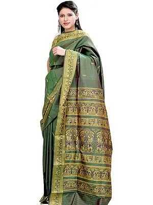 Vineyard-Green Baluchari Sari from Bengal Depicting Mythological Episodes from Ramayana
