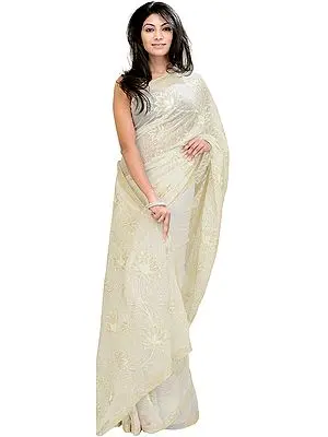 Ivory Wedding Sari with Thread Embroidered Flowers and Sequins