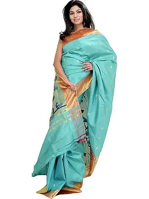 Vivid-Green Paithani Munia Sari with Hand-Woven Peacocks on Pallu