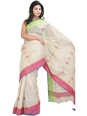 Winter-White Chanderi Sari with All-Over Woven Flowers