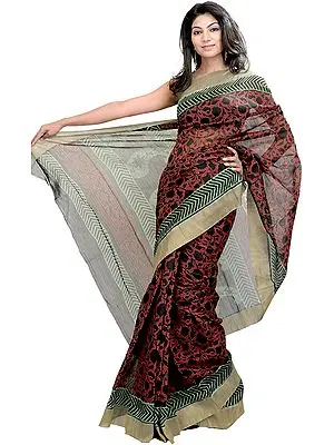 Black and Red Printed Chanderi Sari from Madhya Pradesh
