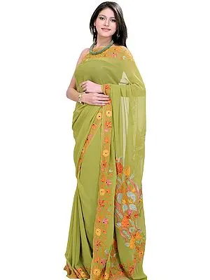 Olive-Green Sari with Kashmiri Floral Embroidery on Aanchal and Border