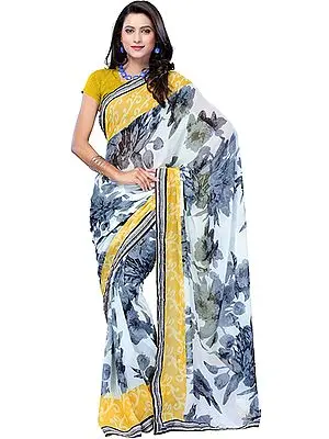 Yellow and Gray Floral Print Sari from Surat with Patch Border
