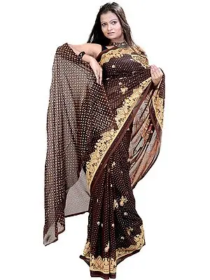 Deep-Mahogany Sari from Jaipur with Printed Peacocks and Sequins
