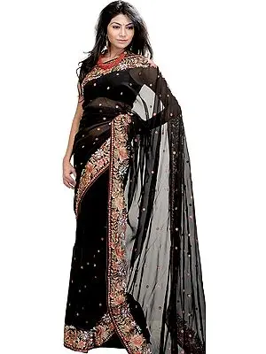 Jet-Black Sari with Parsi Embroidered Flowers on Border