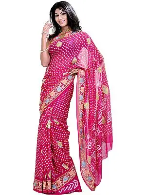 Fuchsia-Rose Bandhani Tie-Dye Sari from Jodhpur with Embroidered Flowers on Border