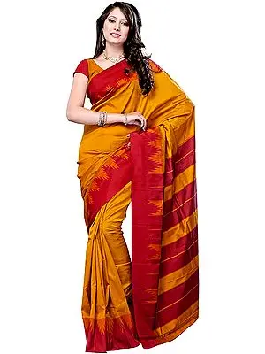 Golden-Nugget and Red Plain Sari with Temple Border