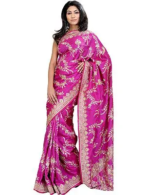 Deep-Orchid Wedding Sari from Banaras with Hand-Embroidered Beads and Sequins