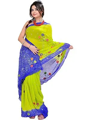 Parrot-Green and Blue Bandhani Tie-Dye Sari from Rajasthan with Embroidered Flowers and Sequins